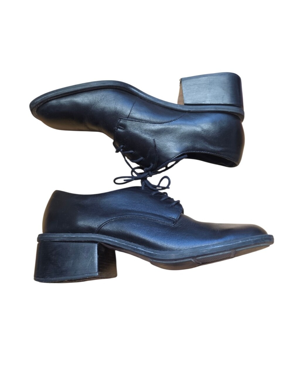 Vintage Black Leather Square Toe Heeled Oxford Lace Up Boots 7 Grunge Academia